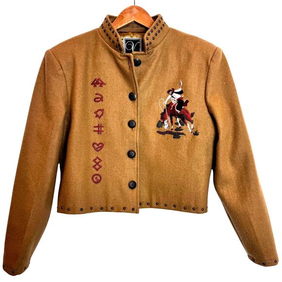 Valencia Wool Western Cowboy Embroidered Jacket Womens L Tan Studded Rodeo Coat - Picture 1 of 16